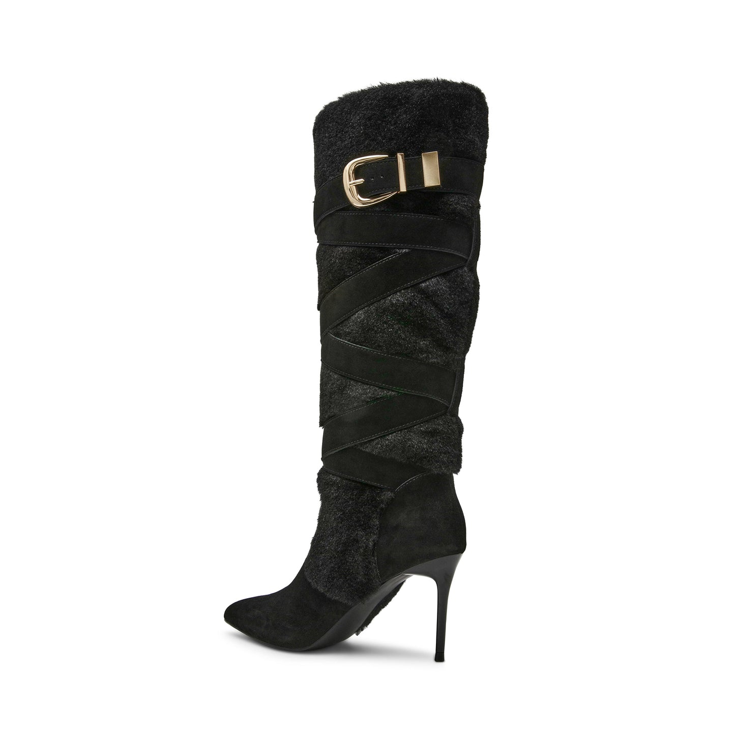 Black Faux Suede Contrast Plush Pointed-Toe Full-Zip Buckle Knee High Stiletto Boots