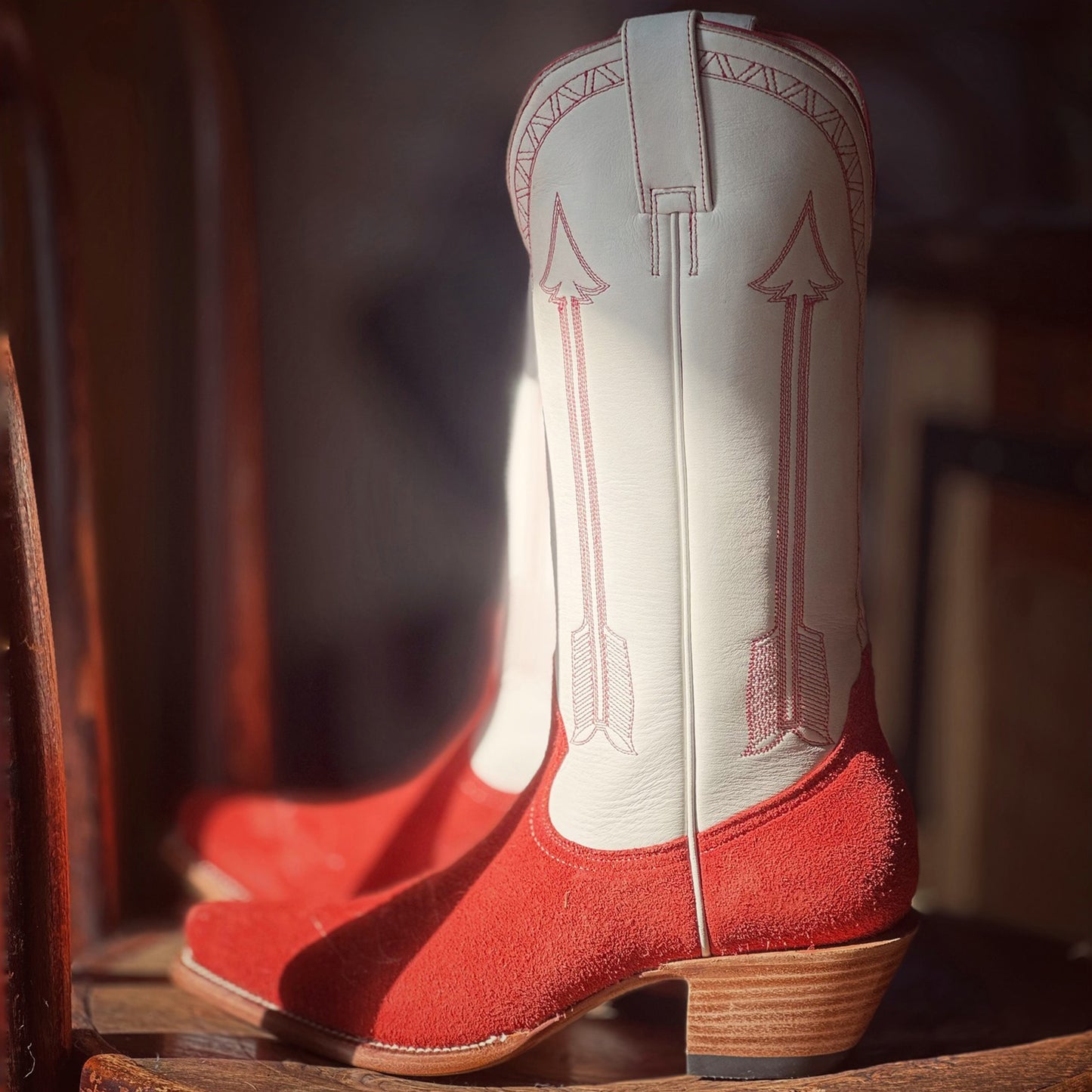 Contrast Ivory And Red Faux Suede Snip-Toe Arrow Embroidery Mid Calf Cowgirl Boots