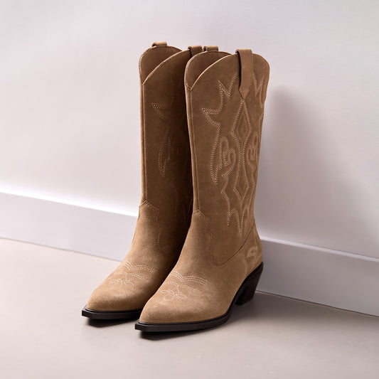 Camel Faux Suede Almond-Toe Chic Stitch Mid Calf Classic Cowgirl Boots