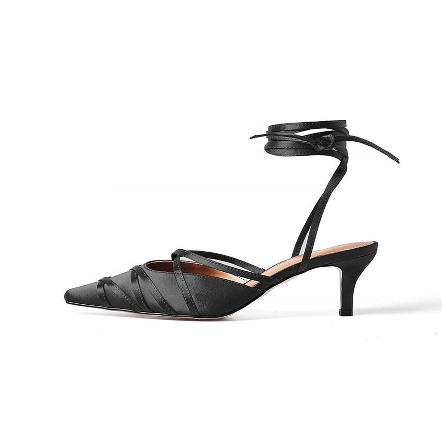 Black Satin Pointed-Toe Lace Up Detail Kitten Heels Pumps