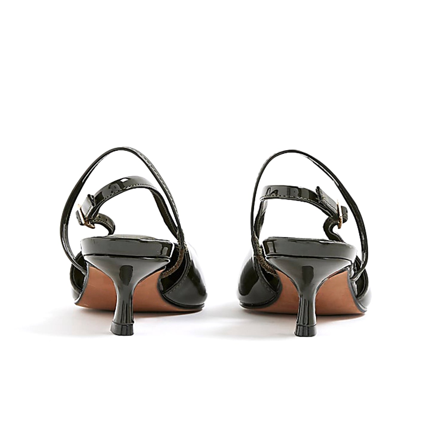 Patent Khaki Pointed-Toe Strappy Slingback Kitten Heels