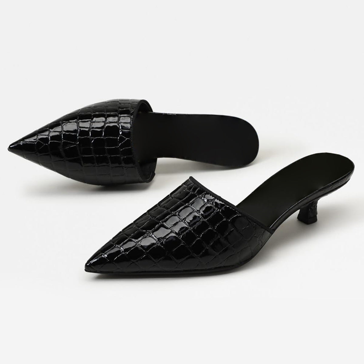 Black Stone Pattern Vegan Leather Pointed-Toe Backless Chic Kitten Heels