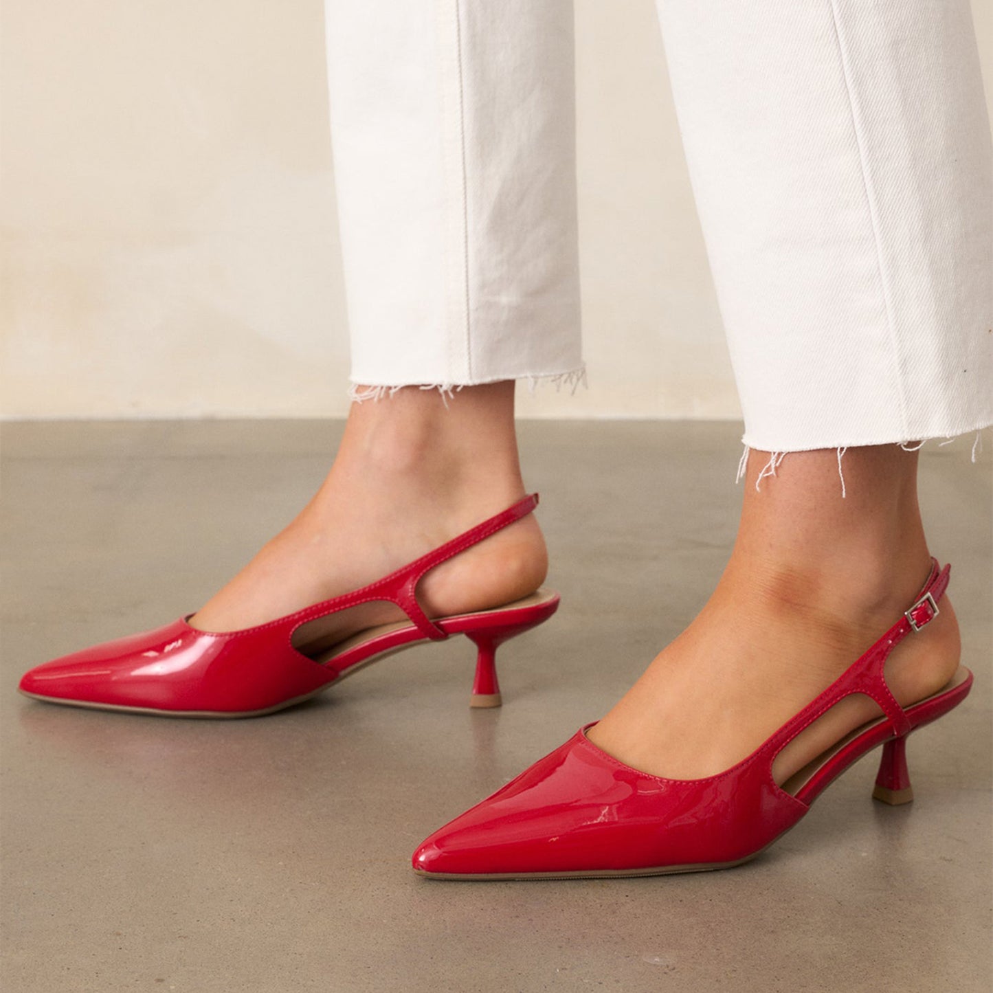 Patent Red Pointed-Toe Classic Slingback Kitten Heels