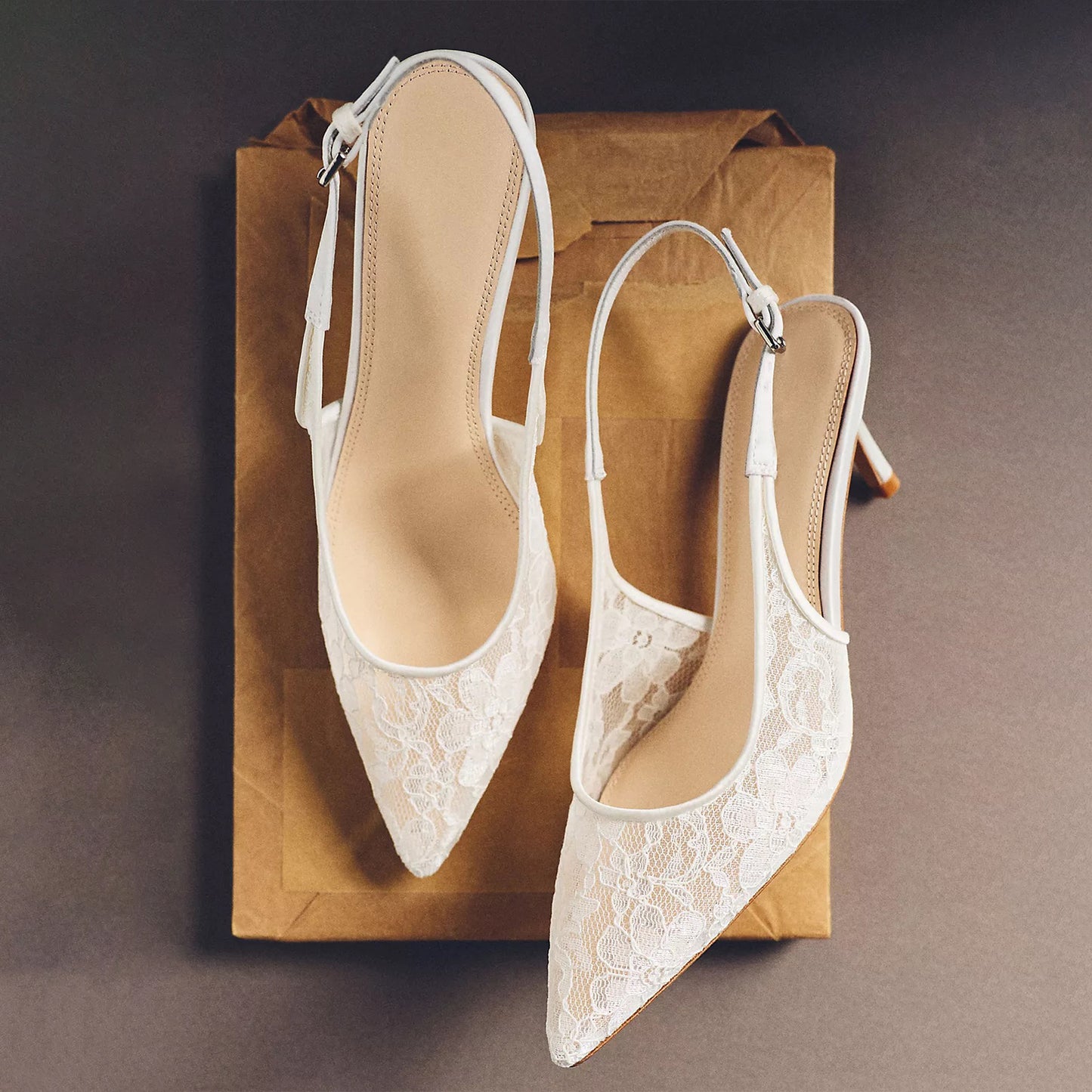 White Lace Mesh Pointed-Toe Buckle Back Strap Kitten Heels