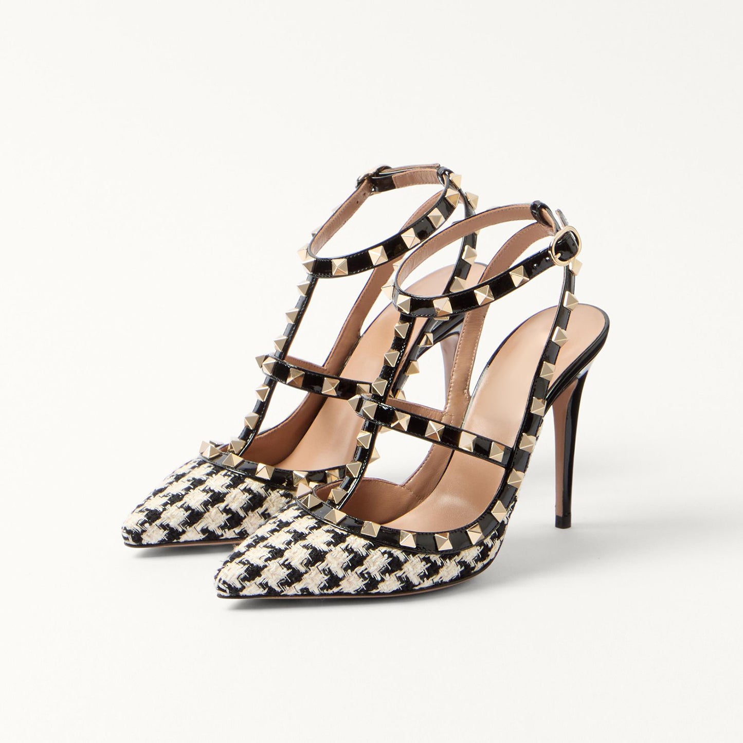 Plaid Cloth Pointed-Toe Studded Strappy Slingback High Heels