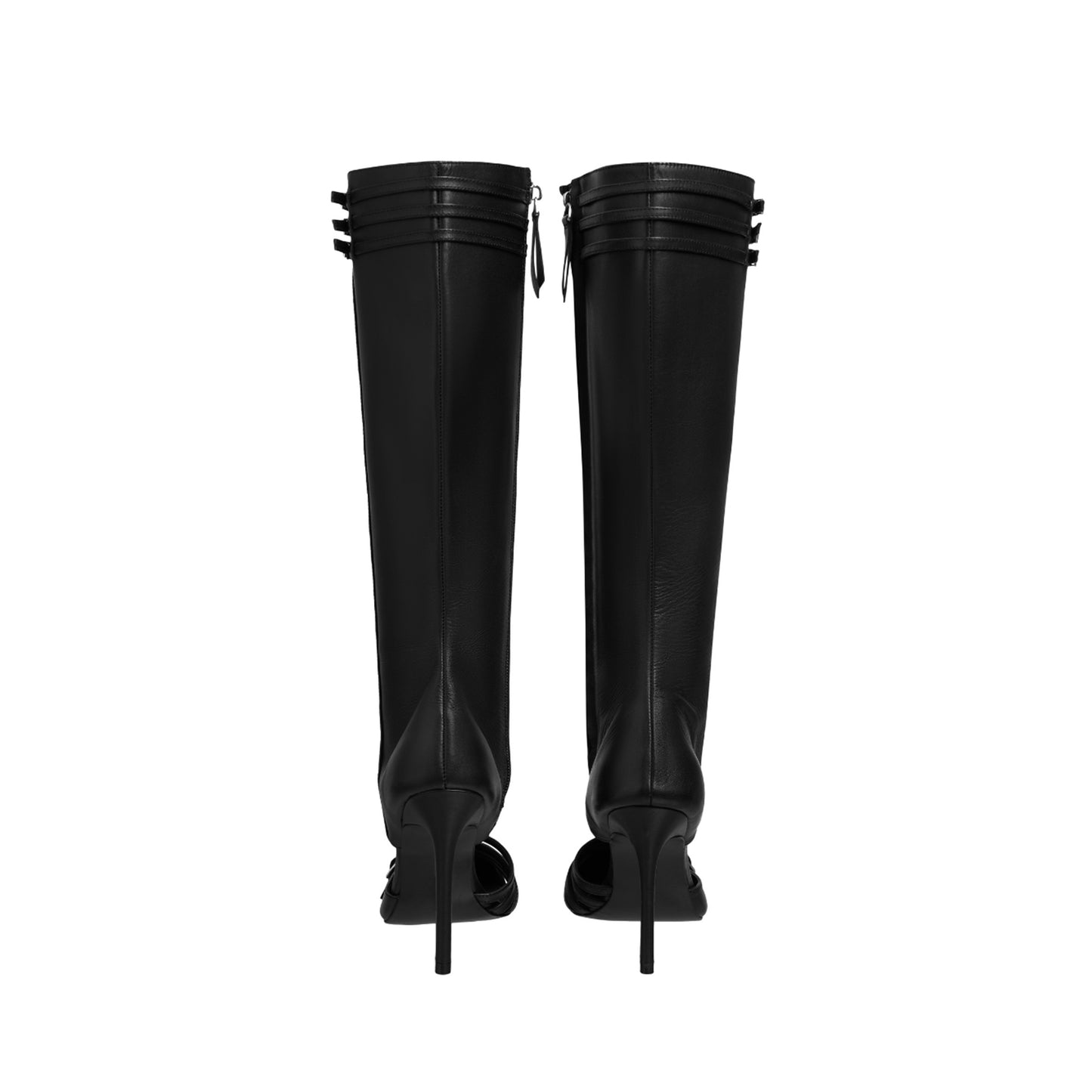 Black Pointed-Toe Buckle Straps Full-Zip Knee High Stiletto Boots
