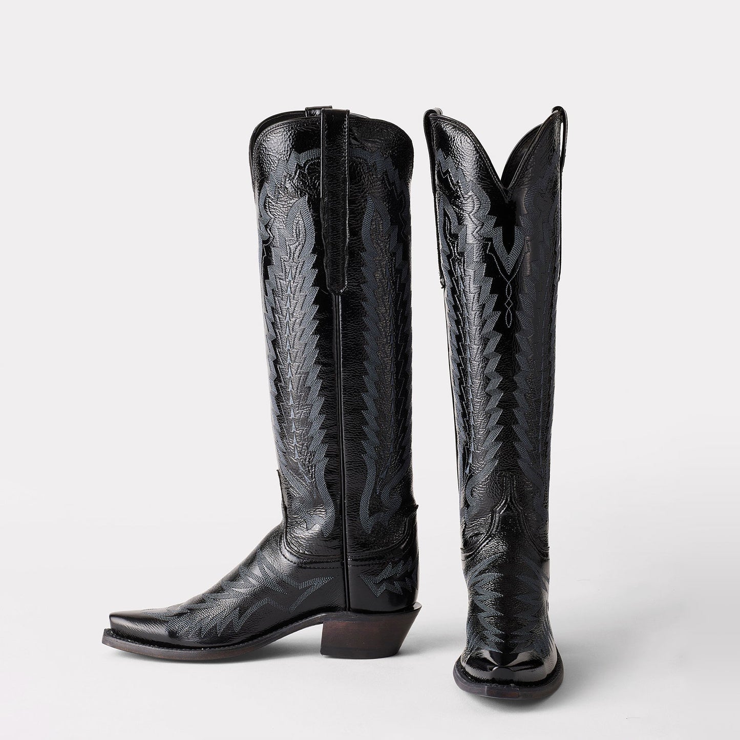 Patent Black Snip-Toe Western Embroidery Wide Calf Knee High Chic Cowgirl Boots