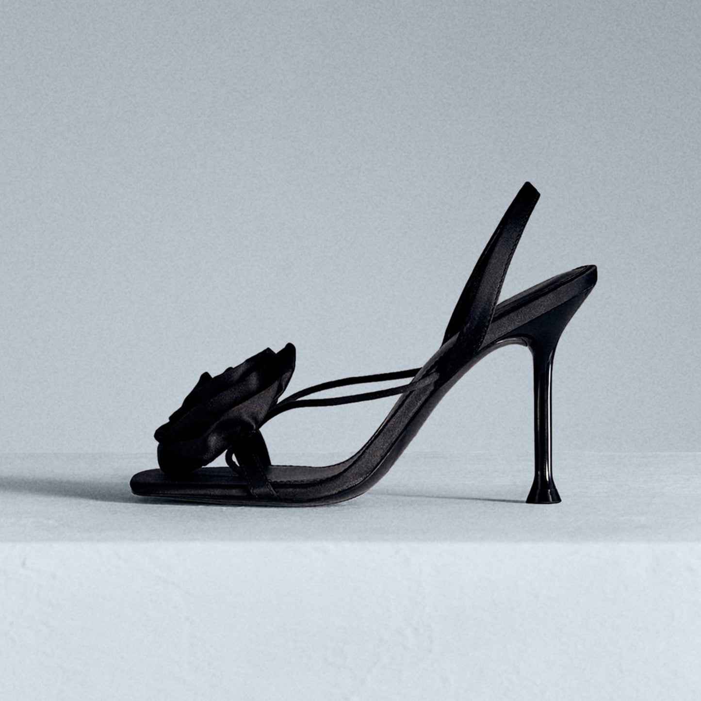 Black Satin Square-Toe Big Front Flower Slingback High Heels