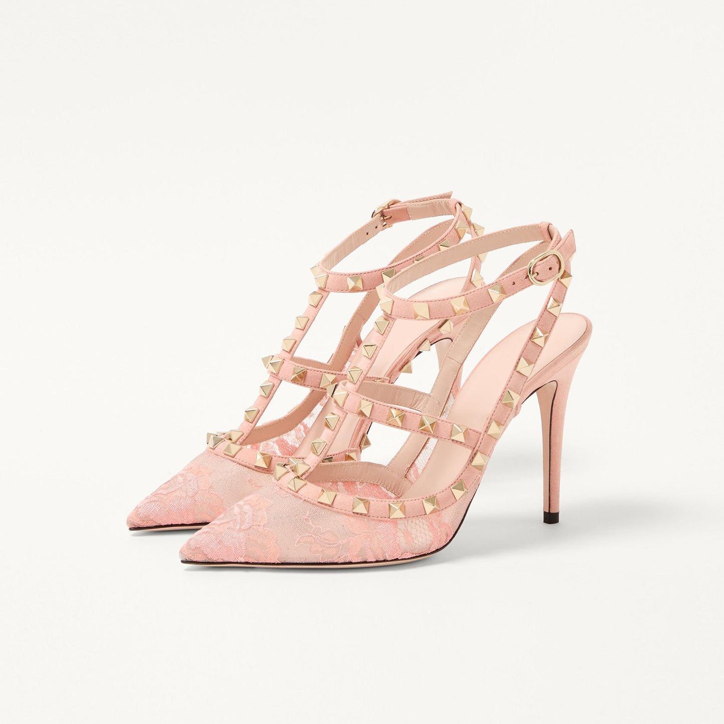 Pink Lace Mesh Pointed-Toe Studded Strappy Slingback High Heels