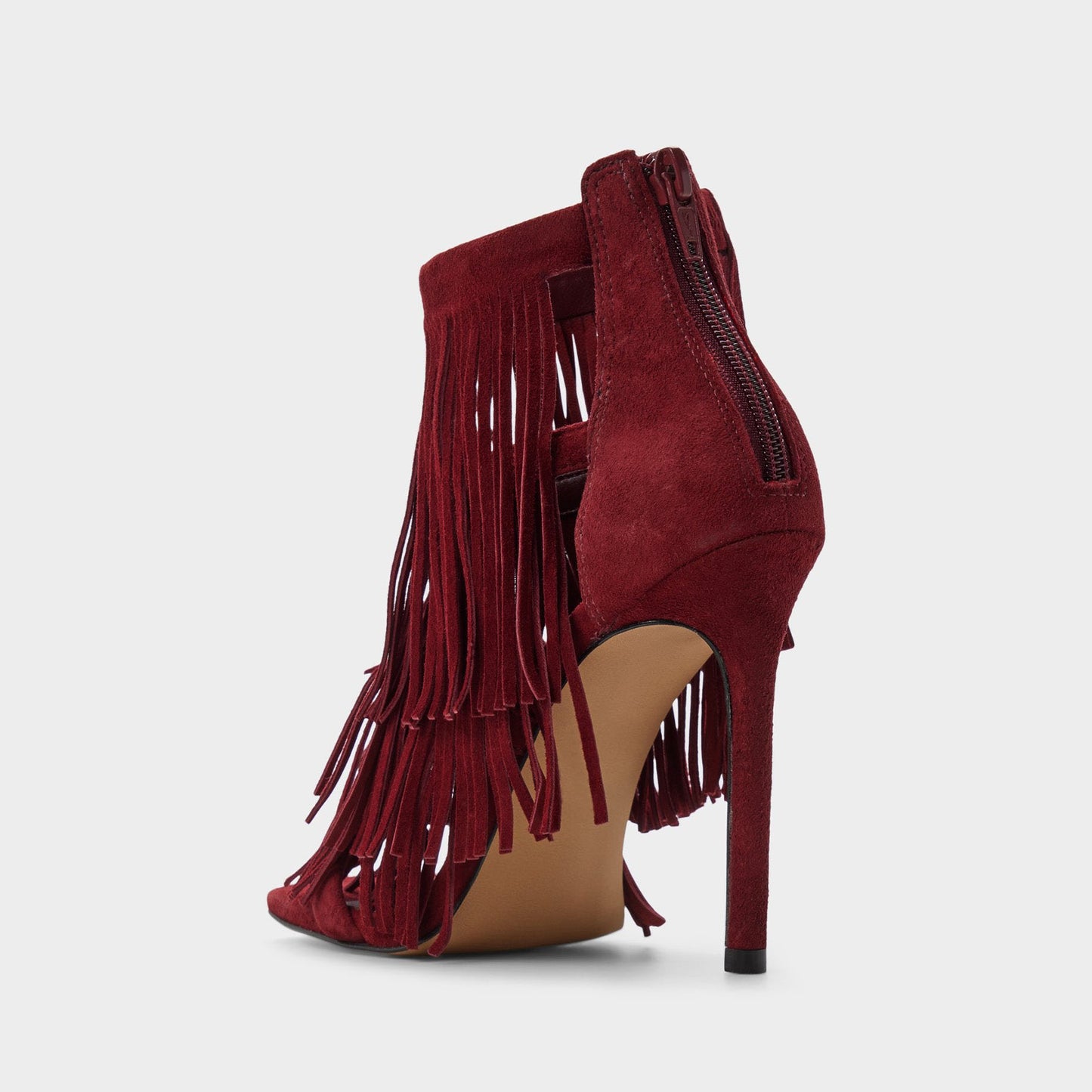 Burgundy Faux Suede Square-Toe Fringe And Strappy Back-Zip High Heels