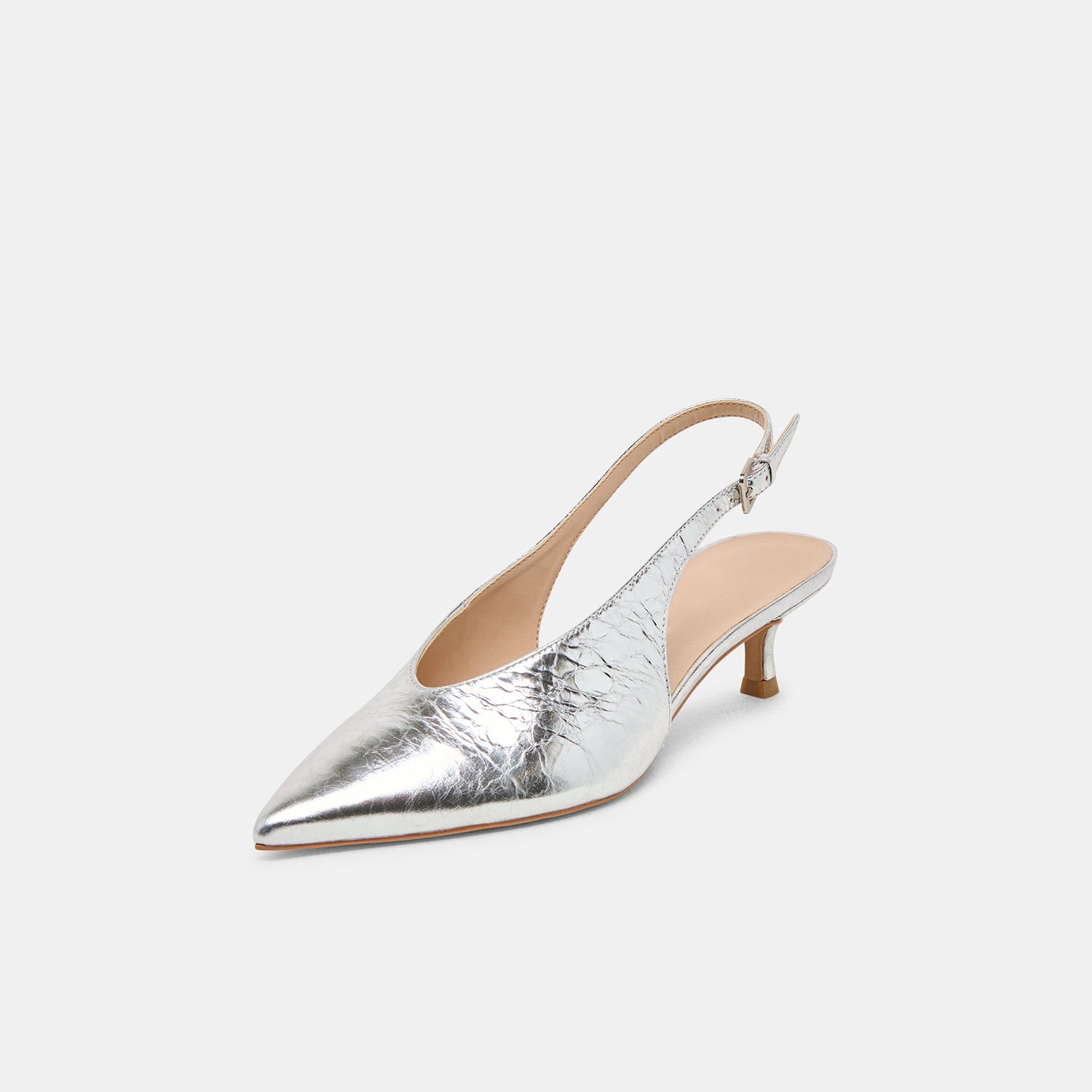 Metallic Silver Classic Pointed-Toe Slip-On Slingback Kitten Heels
