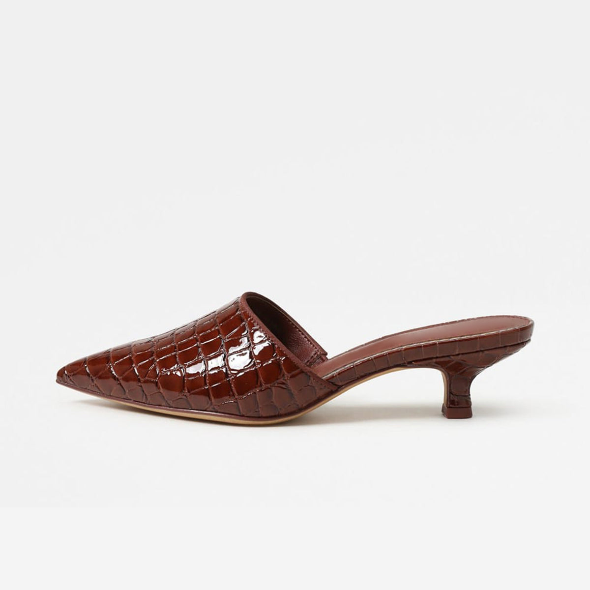 Brown Stone Pattern Vegan Leather Pointed-Toe Backless Chic Kitten Heels