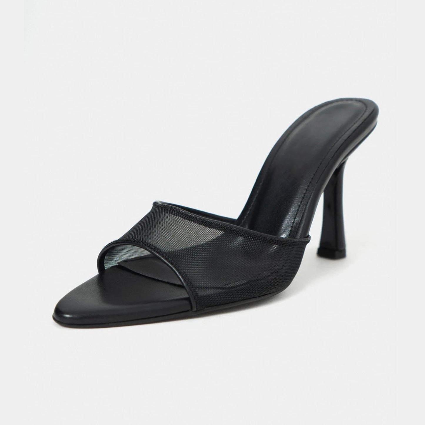 Black Mesh And Vegan Leather Pointed-Toe Backless Simple Pumps High Heels