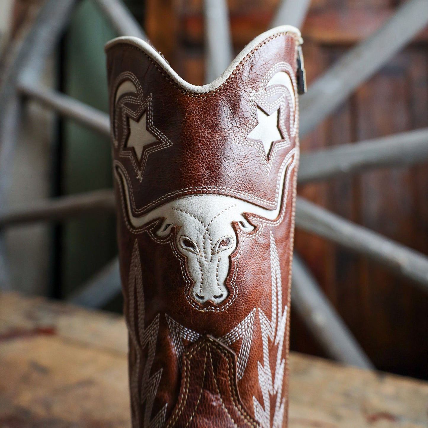 Mahogany Snip-Toe Tauren Moon Stars Inlay And Embroidery Full-Zip Mid Calf Cowgirl Boots