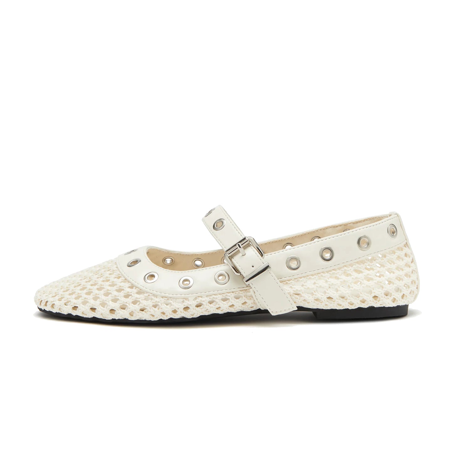 Cream Woven Mesh And Vegan Leather Round-Toe Eyelets Mary Jane Flats