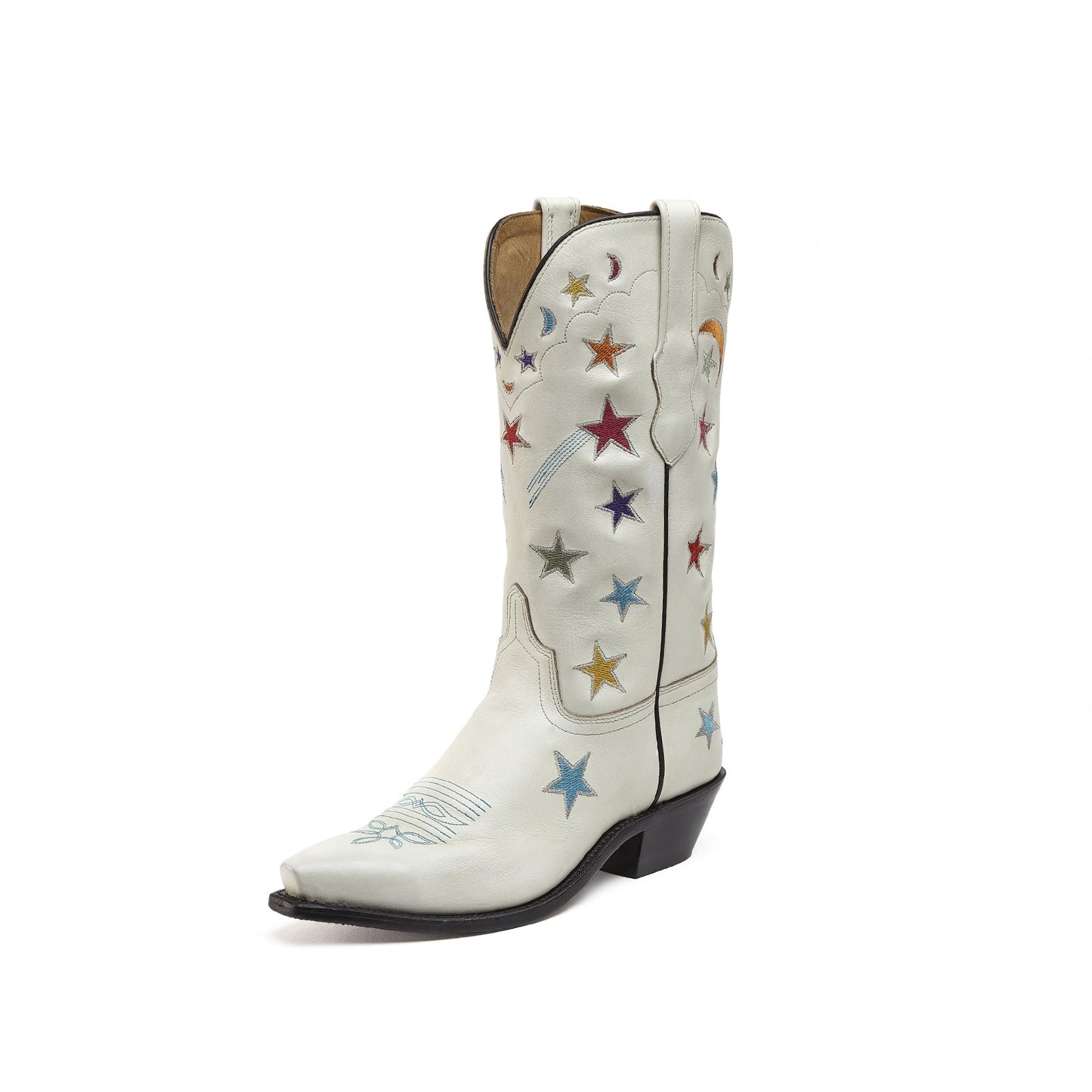 White Snip-Toe Stars And Moons Embroidery Mid Calf Cowgirl Boots