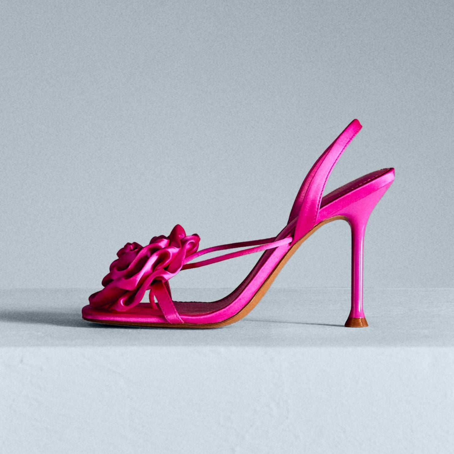 Fuchsia Satin Square-Toe Big Front Flower Slingback High Heels