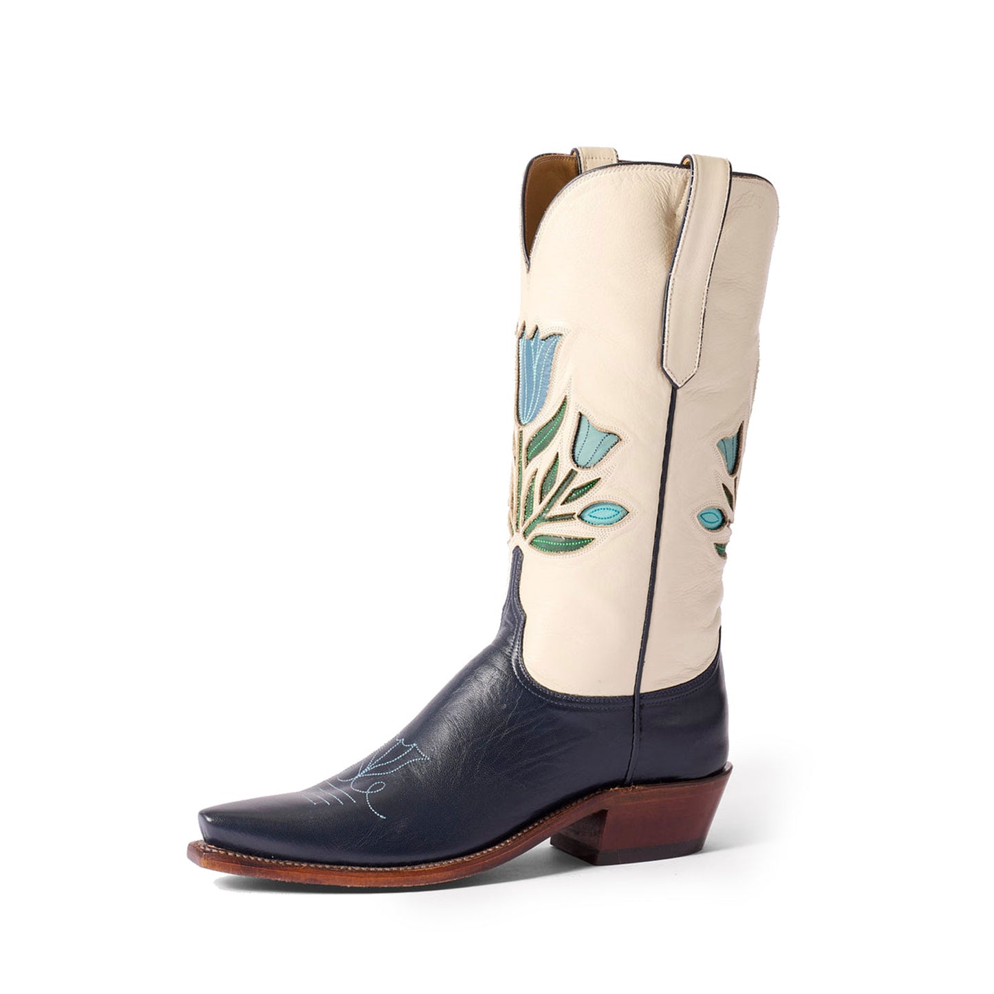 Contrast Cream And Navy Snip-Toe Colorful Tulips Inlay Mid Calf Cowgirl Boots