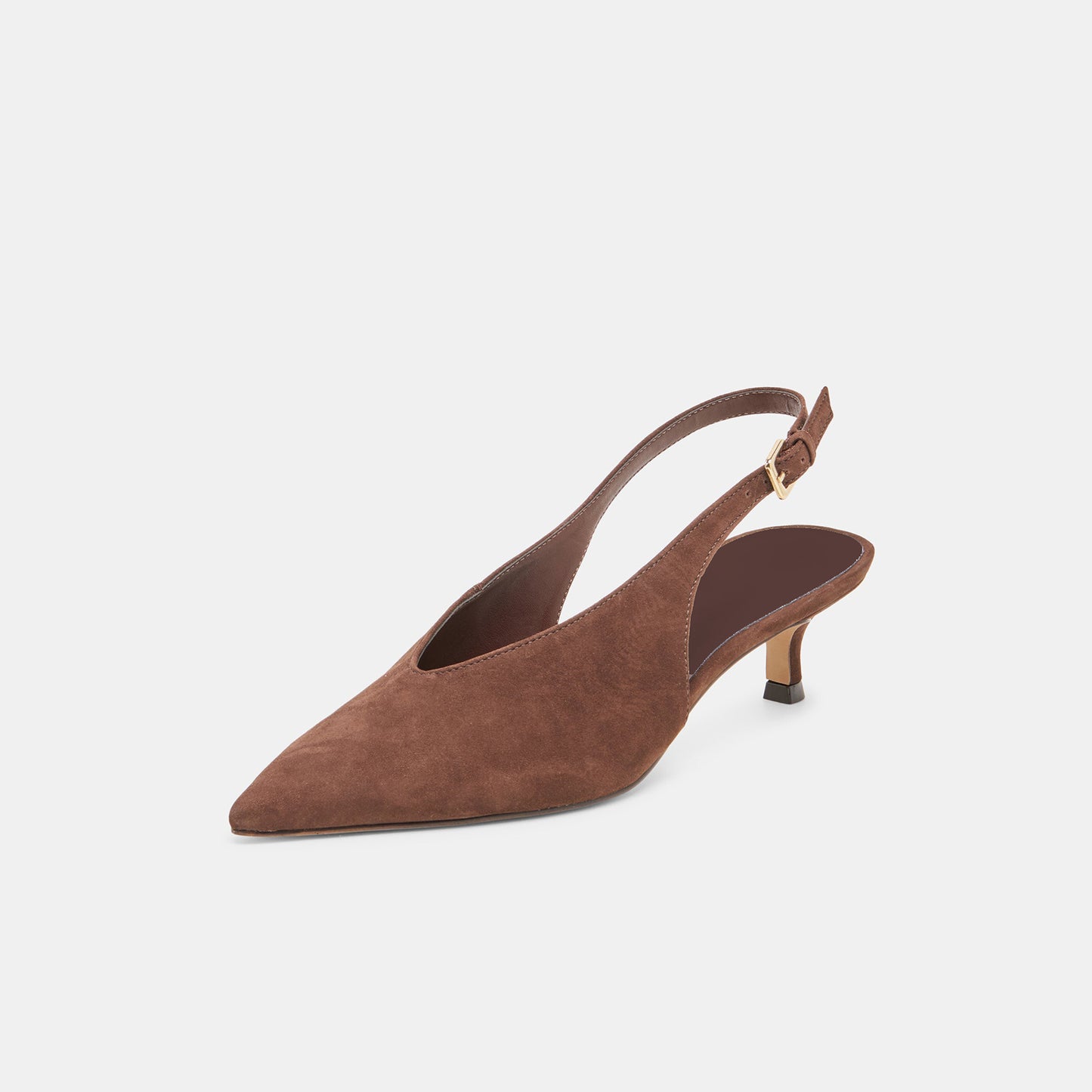Dark Brown Faux Suede Classic Pointed-Toe Slip-On Slingback Kitten Heels