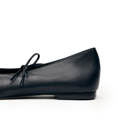 Black Square-Toe V-Cut Vamps Bridge Self-Tie Bow Ballet Flats