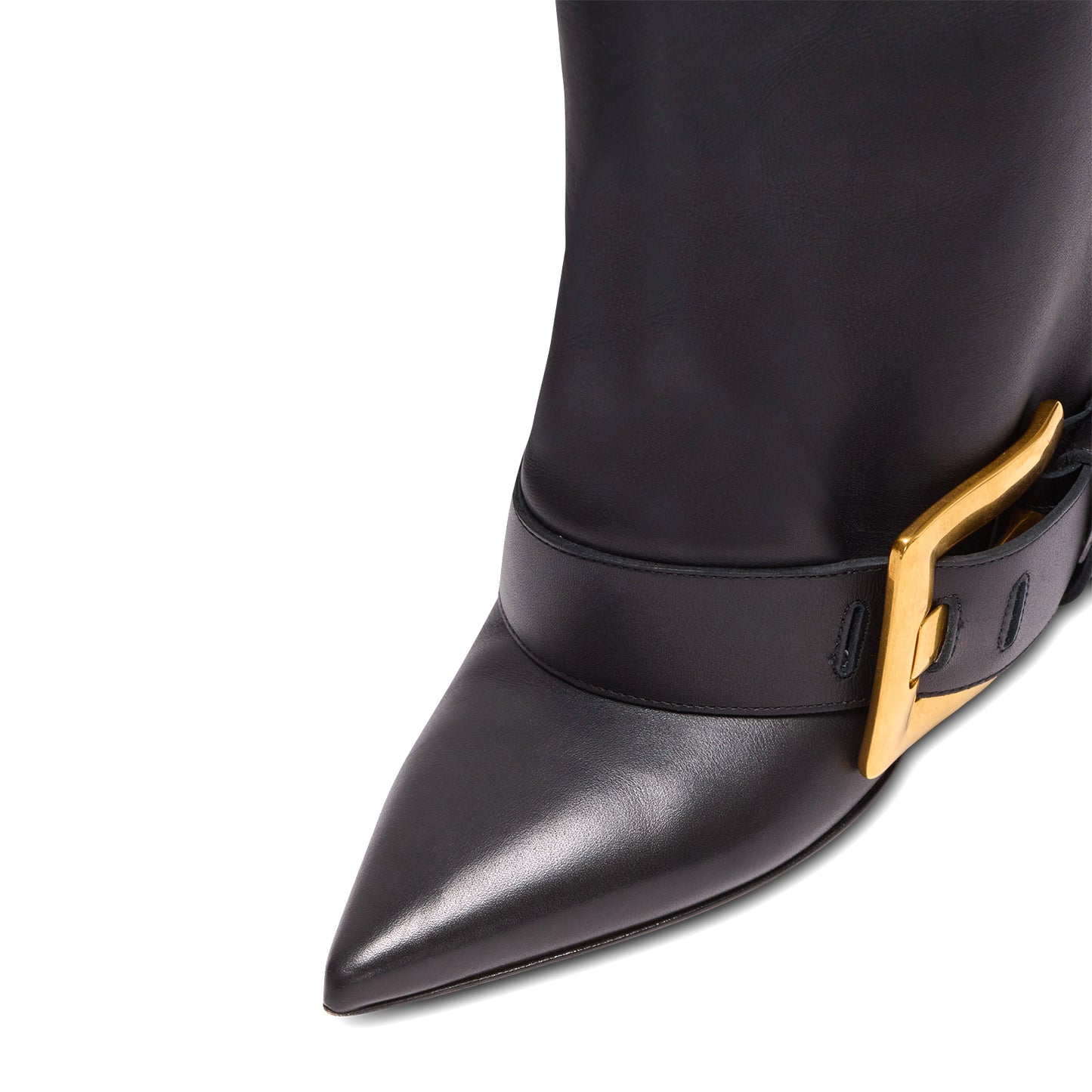Black Pointed-Toe Bottom Buckle Fold-Over Wide Calf Knee High Stiletto Boots