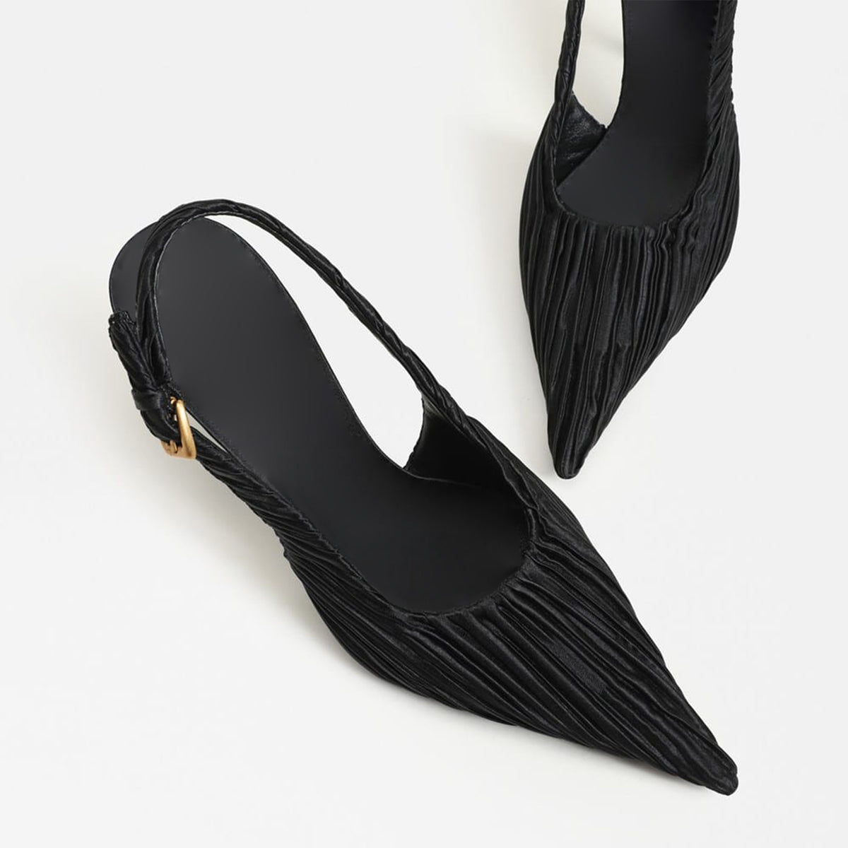 Black Striped Satin Pointed-Toe Back Strap Chic High Heels Pumps
