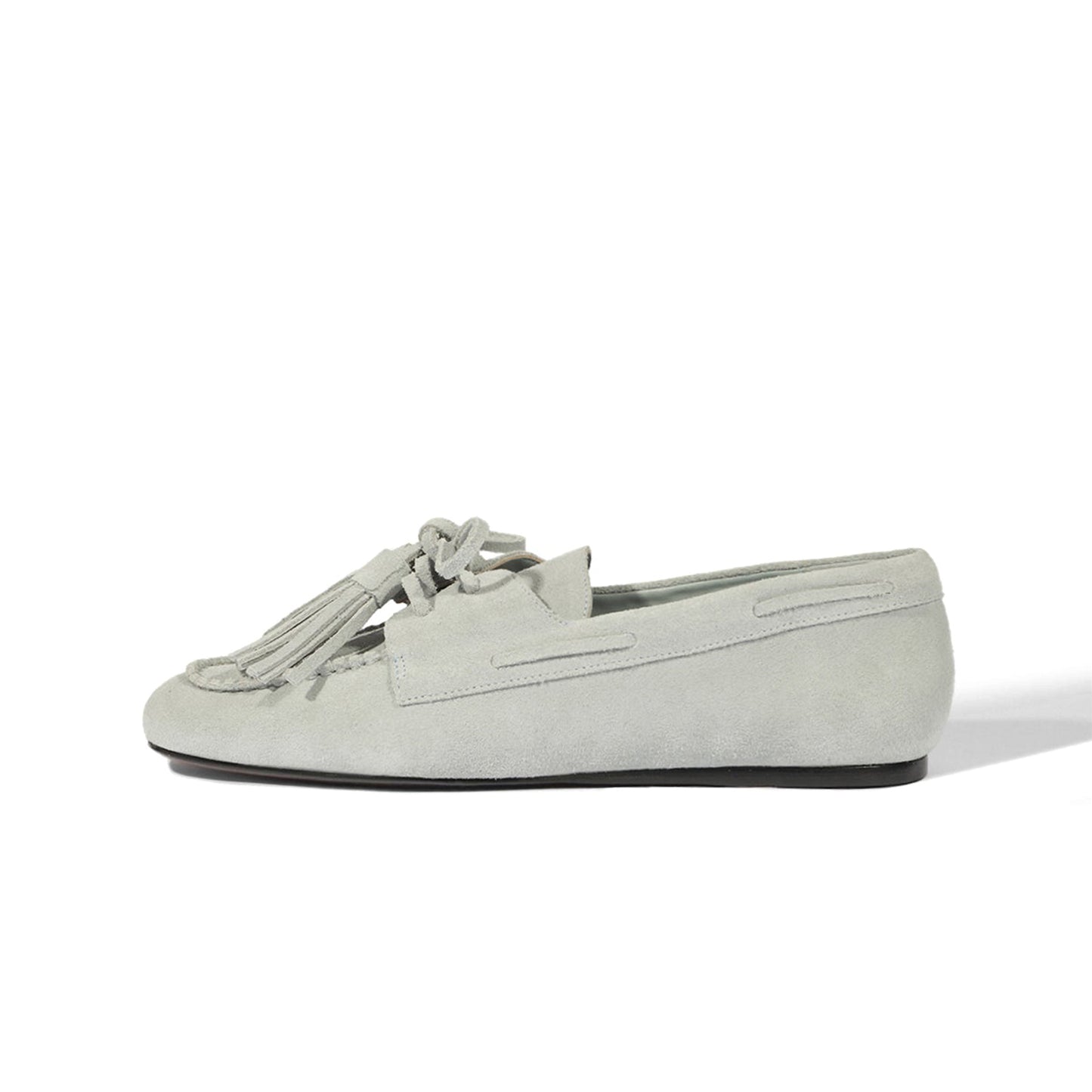 Light Gray Faux Suede Square-Toe Front Bow With Fringe Slip-On Flats