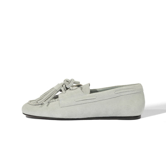 Light Gray Faux Suede Square-Toe Front Bow With Fringe Slip-On Flats