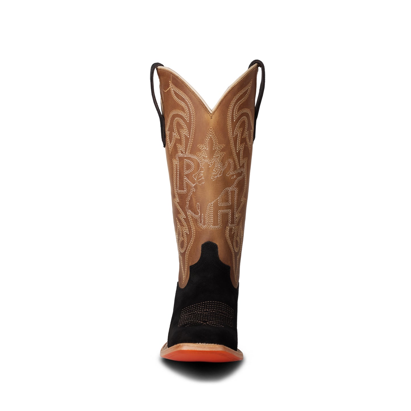 Contrast Brown And Black Faux Suede Square-Toe Chic Embroidery Mid Calf Cowgirl Boots