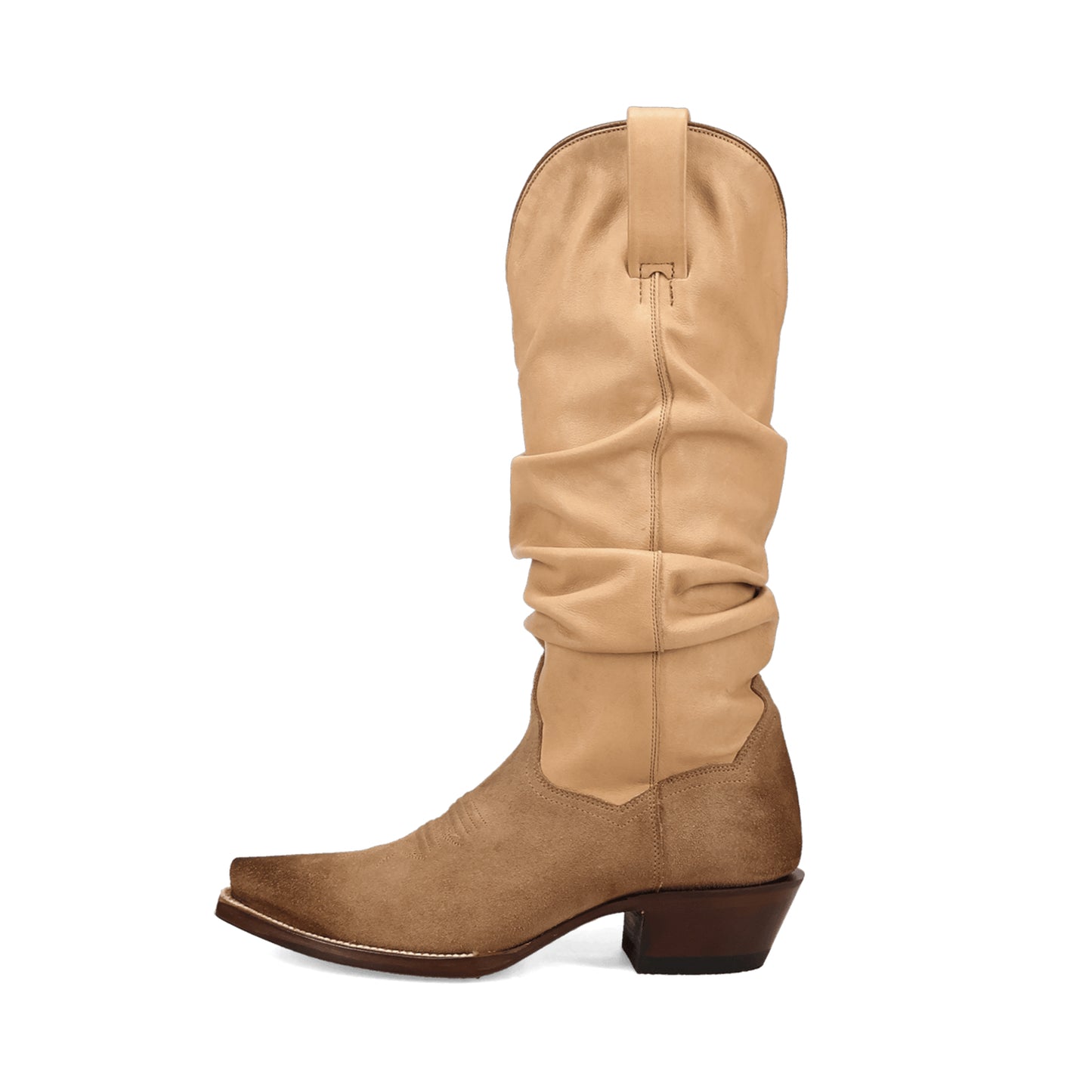 Contrast Sand Vegan Leather And Brown Faux Suede Snip-Toe Slouch Chic Mid Calf Cowgirl Boots