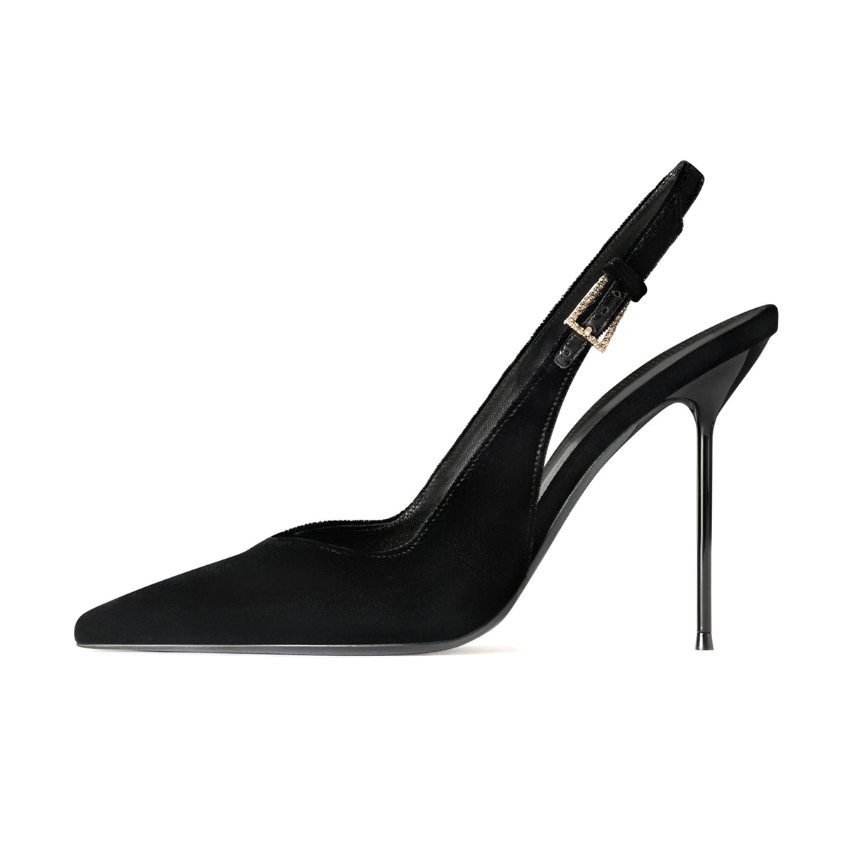 Black Faux Suede Pointed-Toe Classic Buckle Back Strap Pumps High Heels
