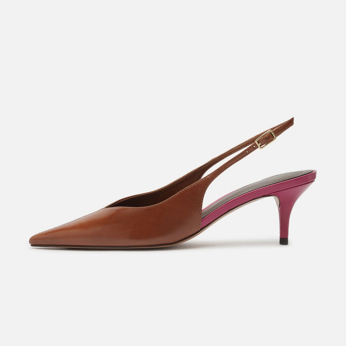 Brown Vegan Leather Pointed-Toe Buckle Back Strap Sleek Kitten Heels