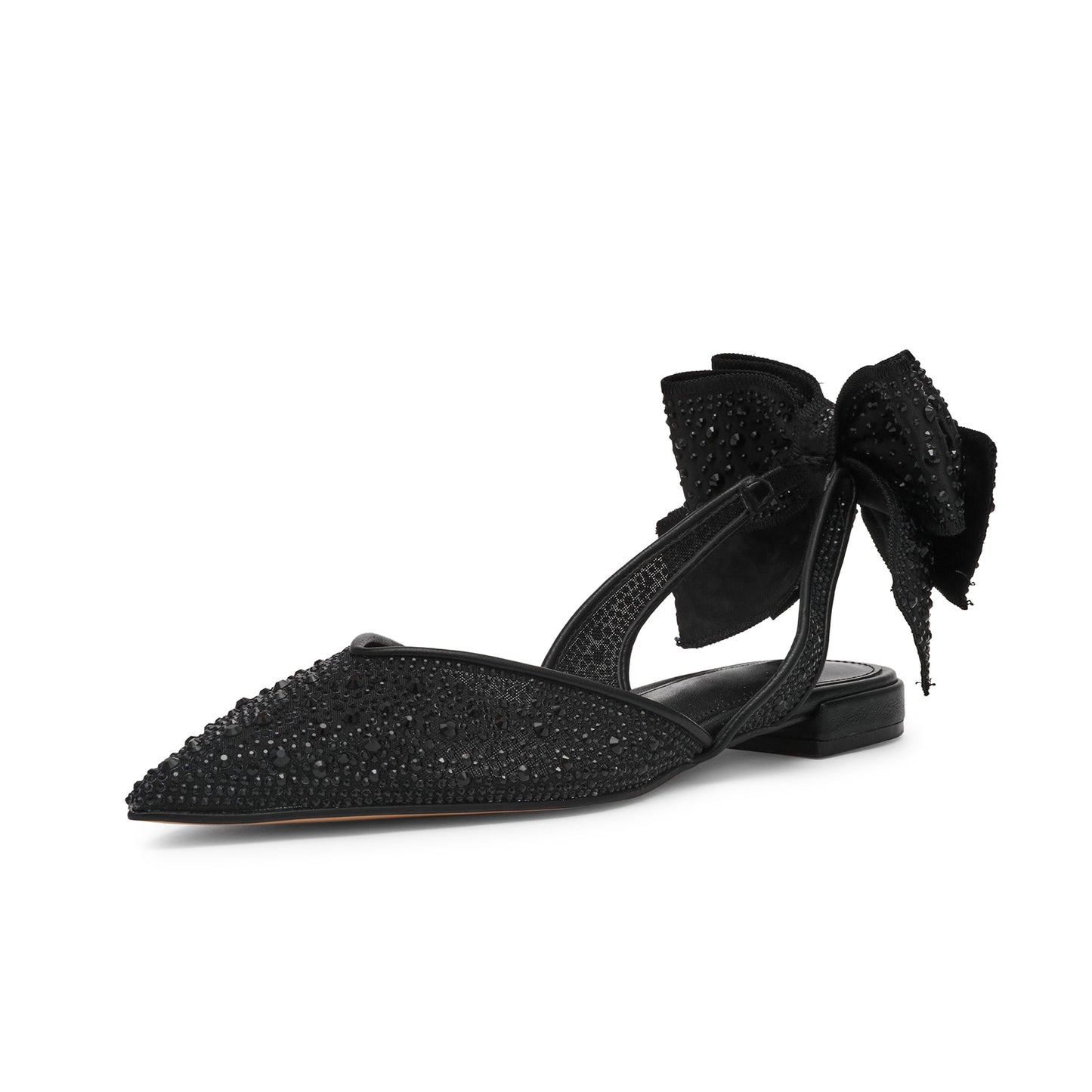 Black Satin Pointed-Toe Slingback Back Bow Rhinestone Flats