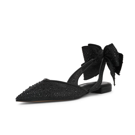 Black Satin Pointed-Toe Slingback Back Bow Rhinestone Flats