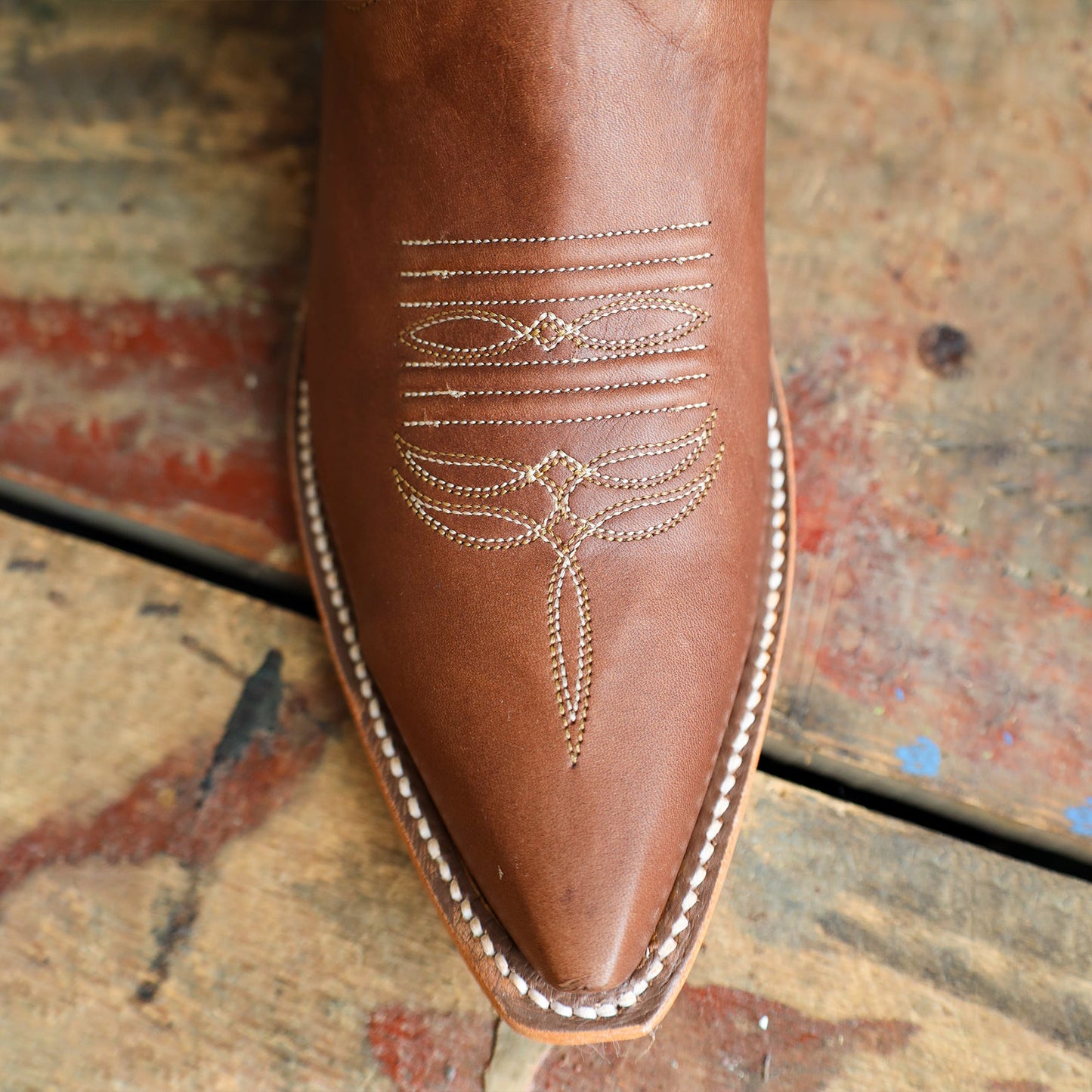 Contrast Brown And Turquoise Snip-Toe White Inlay Mid Calf Cowgirl Boots