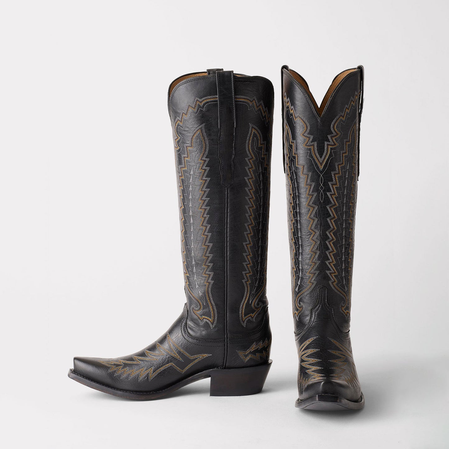 Black Snip-Toe Western Embroidery Wide Calf Chic Knee High Cowgirl Boots