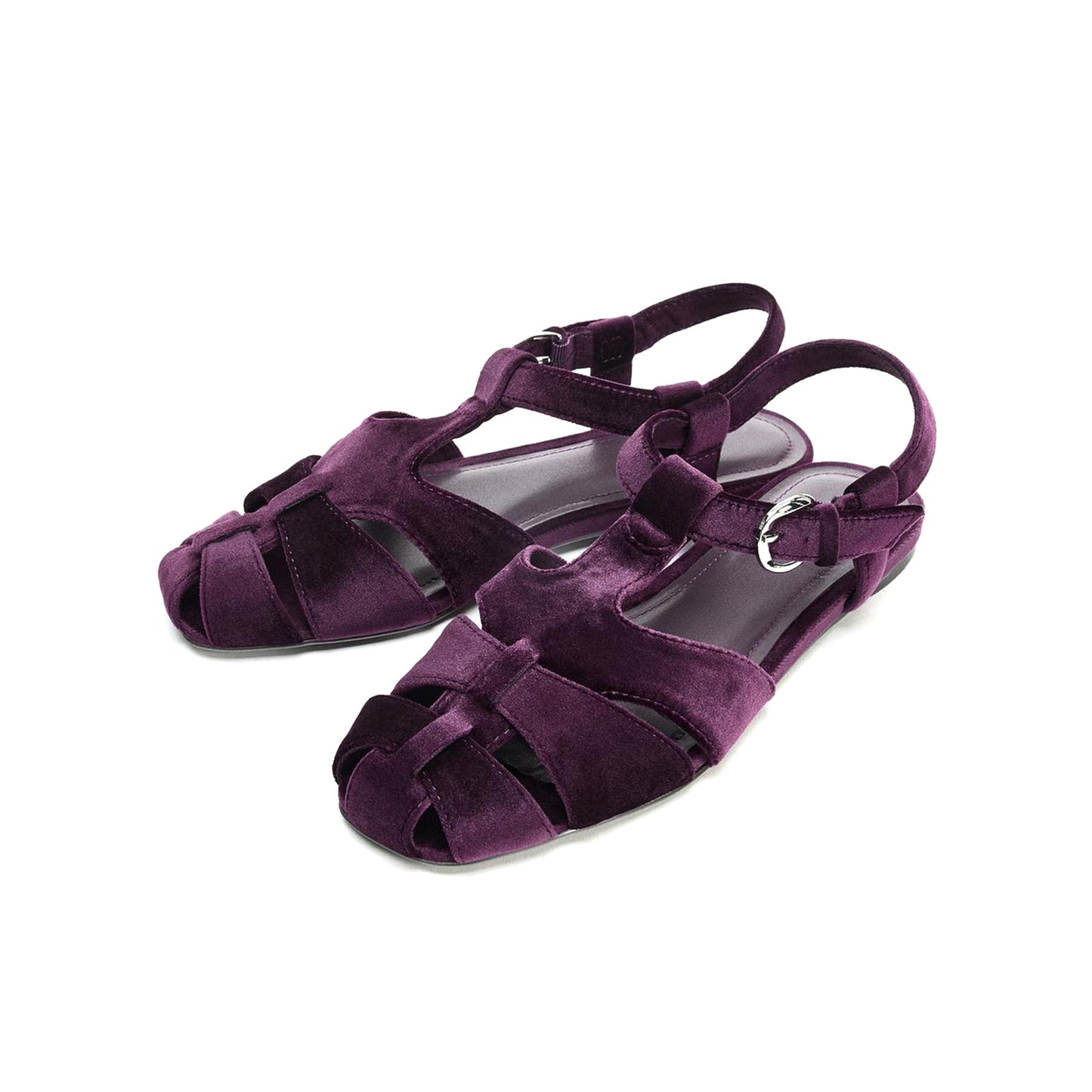 Purple Velvet Square-Toe Caged Detail Buckle Strap Sandals Flats
