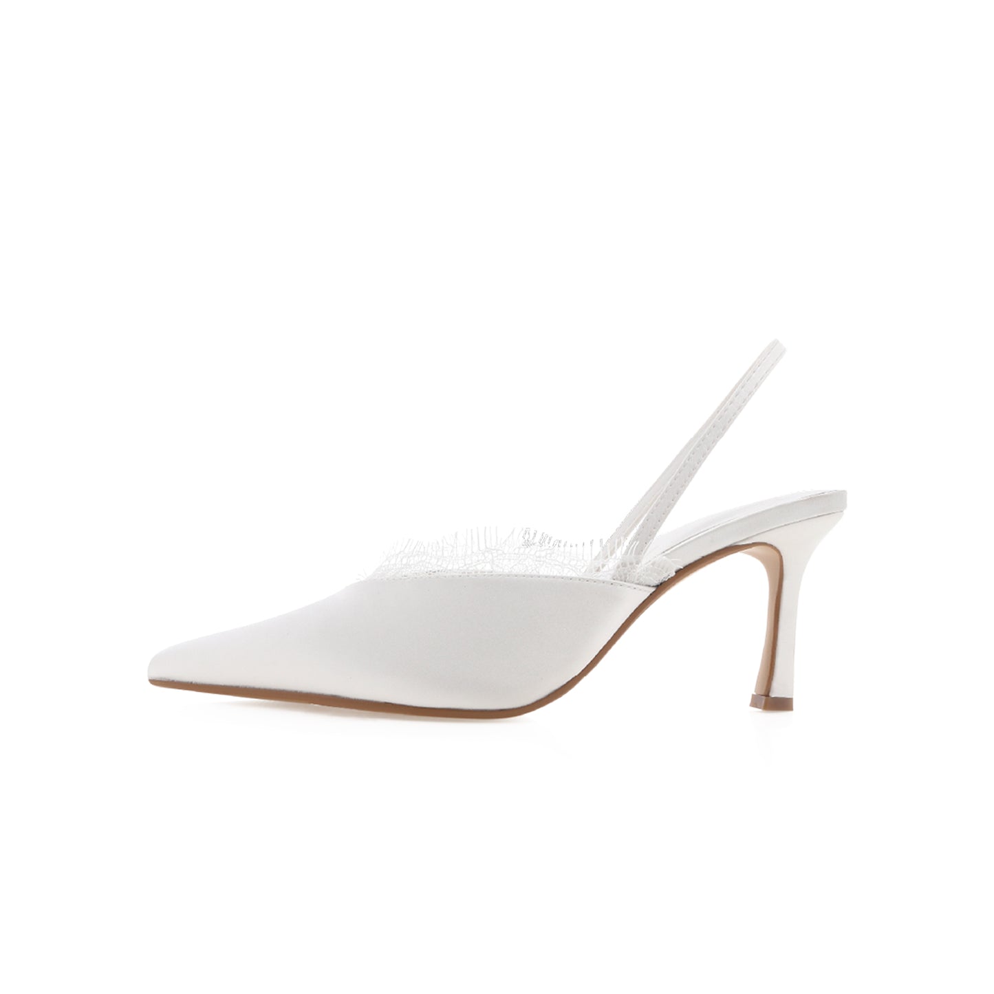 White Satin And Lace Pointed-Toe Slingback High Heels