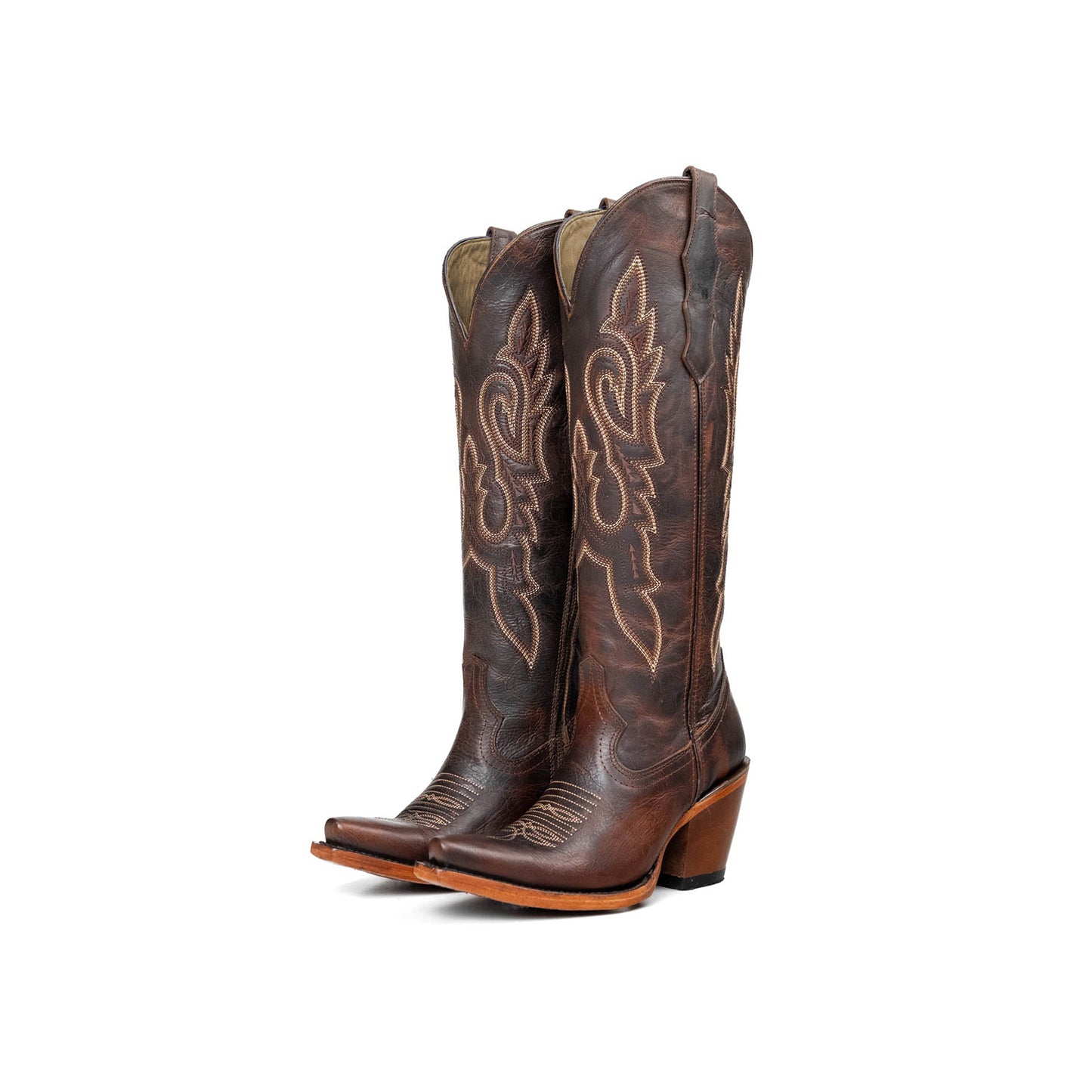 Distressed Dark Brown Snip-Toe Embroidery Half-Zip Knee High Cowgirl Boots
