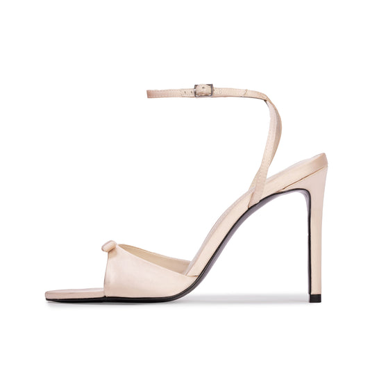 Champagne Satin Round-Toe Front Bow Ankle Strap High Stiletto Heels