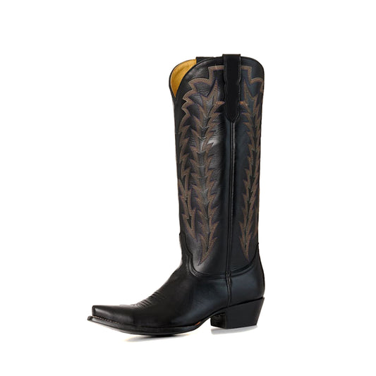 Black Snip-Toe Embroidery Sleek Mid Calf Classic Cowgirl Boots
