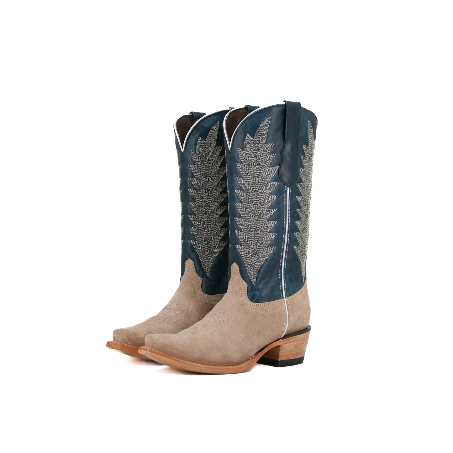 Contrast Navy And sand Faux Suede Snip-Toe Embroidery Mid Calf Cowgirl Boots