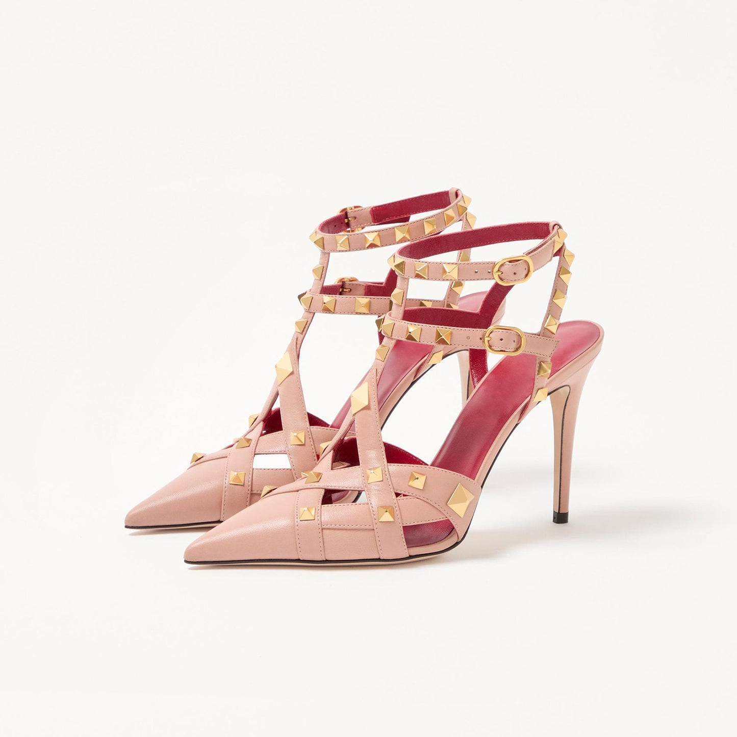 Pink Pointed-Toe Studded Strappy Ankle Strap High Heels