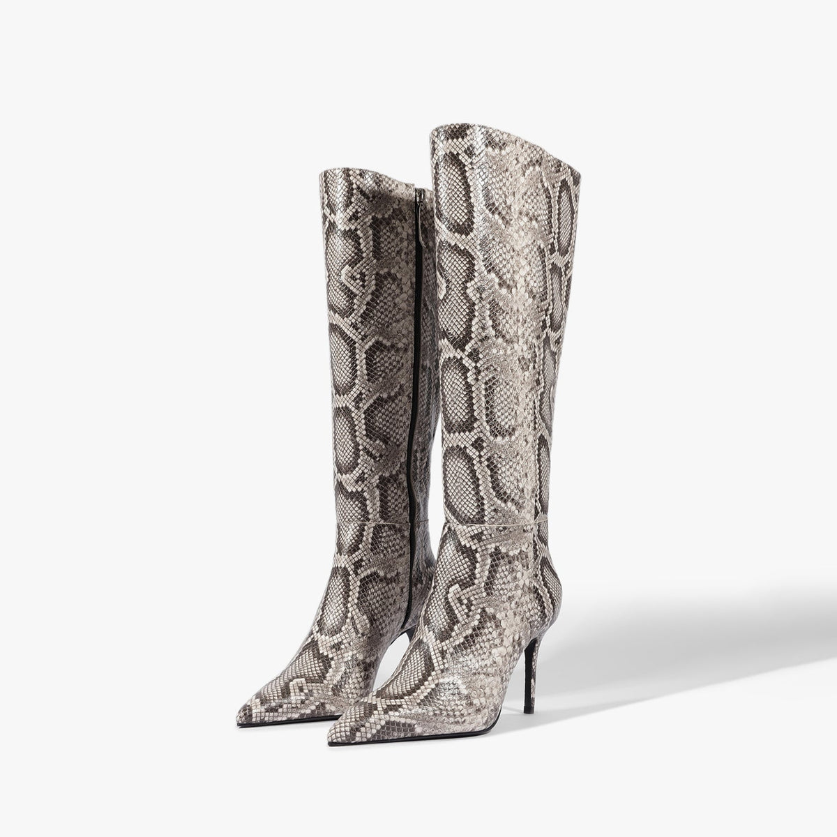 Chic Pointed-Toe Simple Full-Zip Sleek Knee High Stiletto Boots - White Snakeskin Pattern