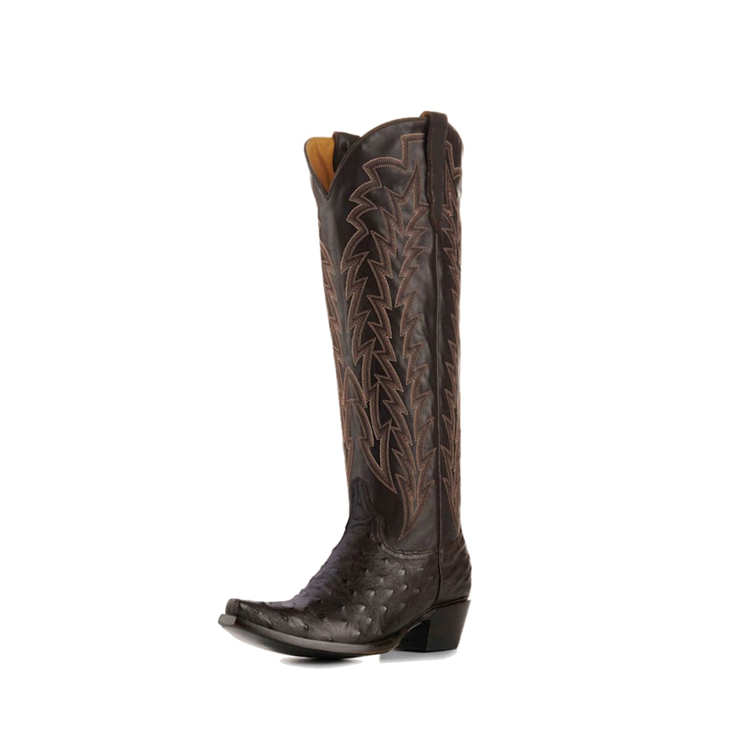 Chocolate Contrast Vegan Leather And Ostrich Print Snip-Toe Embroidery Classic Wide Calf Knee High Cowgirl Boots