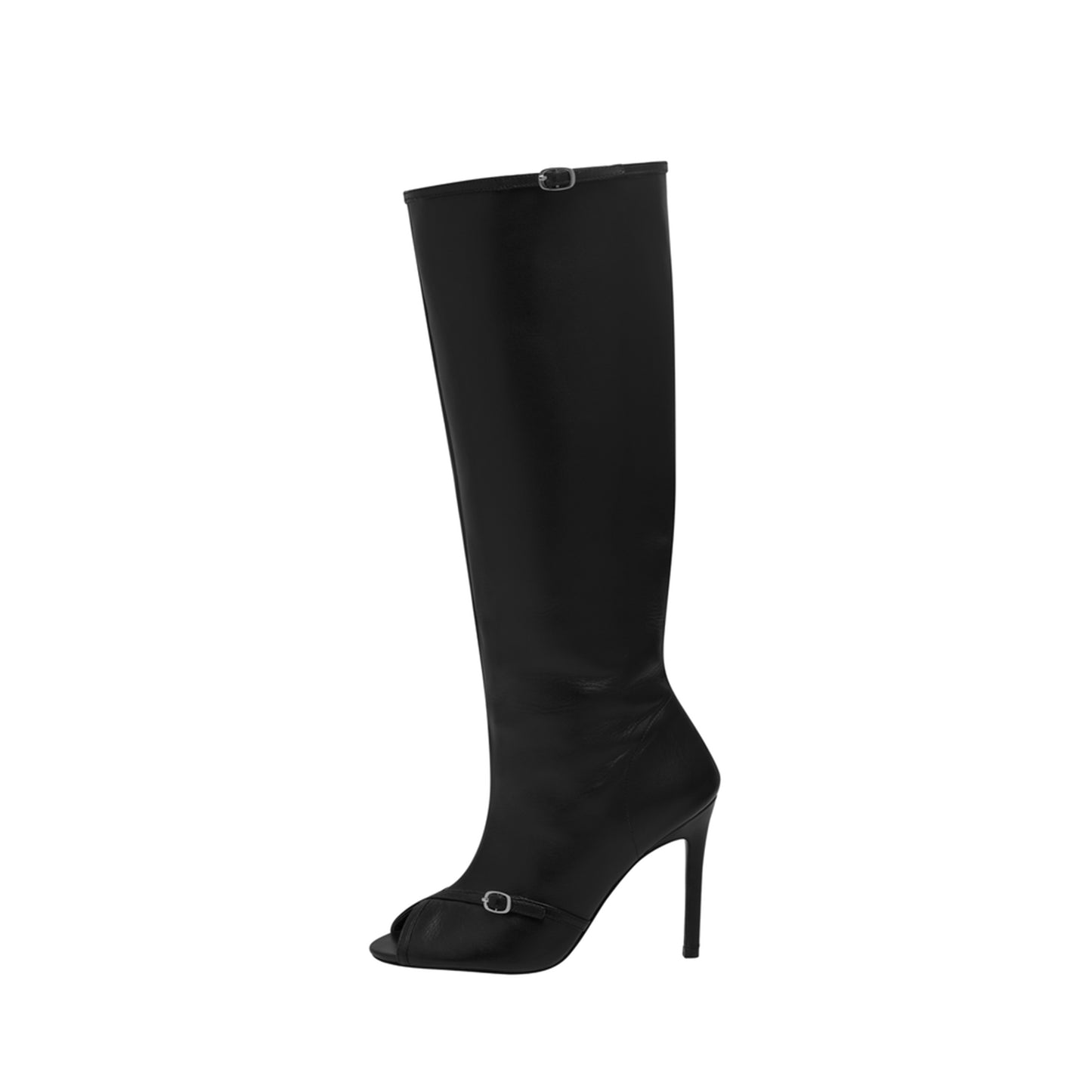 Black Peep Round-Toe Sleek Wide Calf Knee High Stiletto Boots