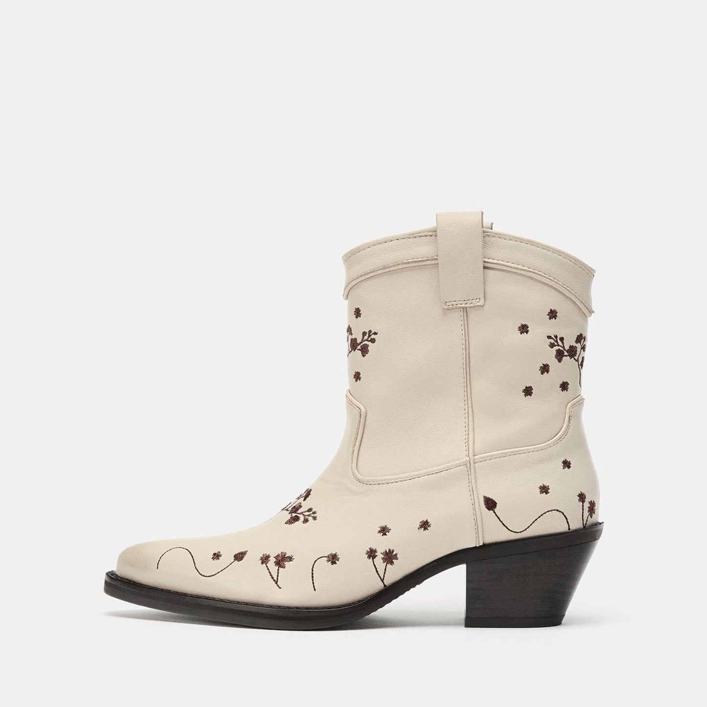 Ivory Almond-Toe Florals Embroidery Ankle Chic Cowgirl Boots