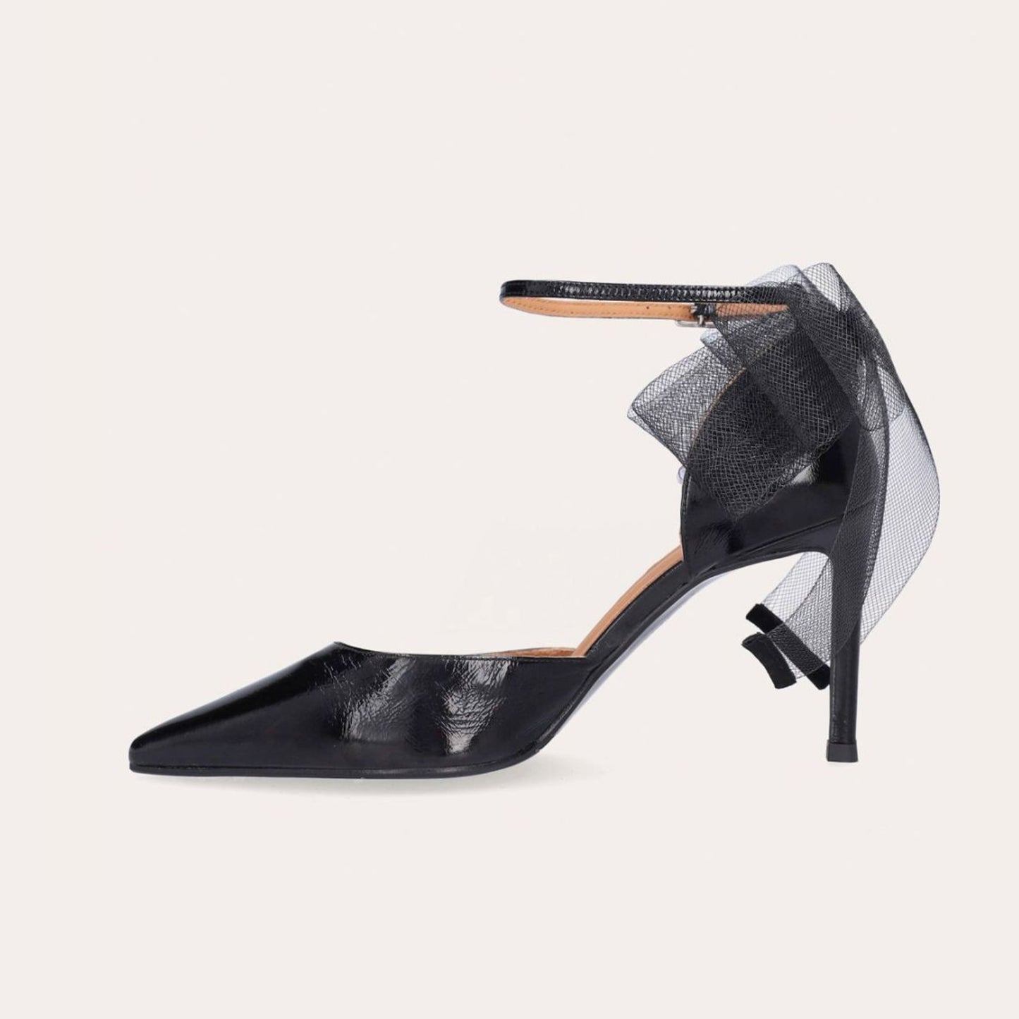 Black Pointed-Toe Chic Back Big Mesh Bow And Ankle Strap High Heels