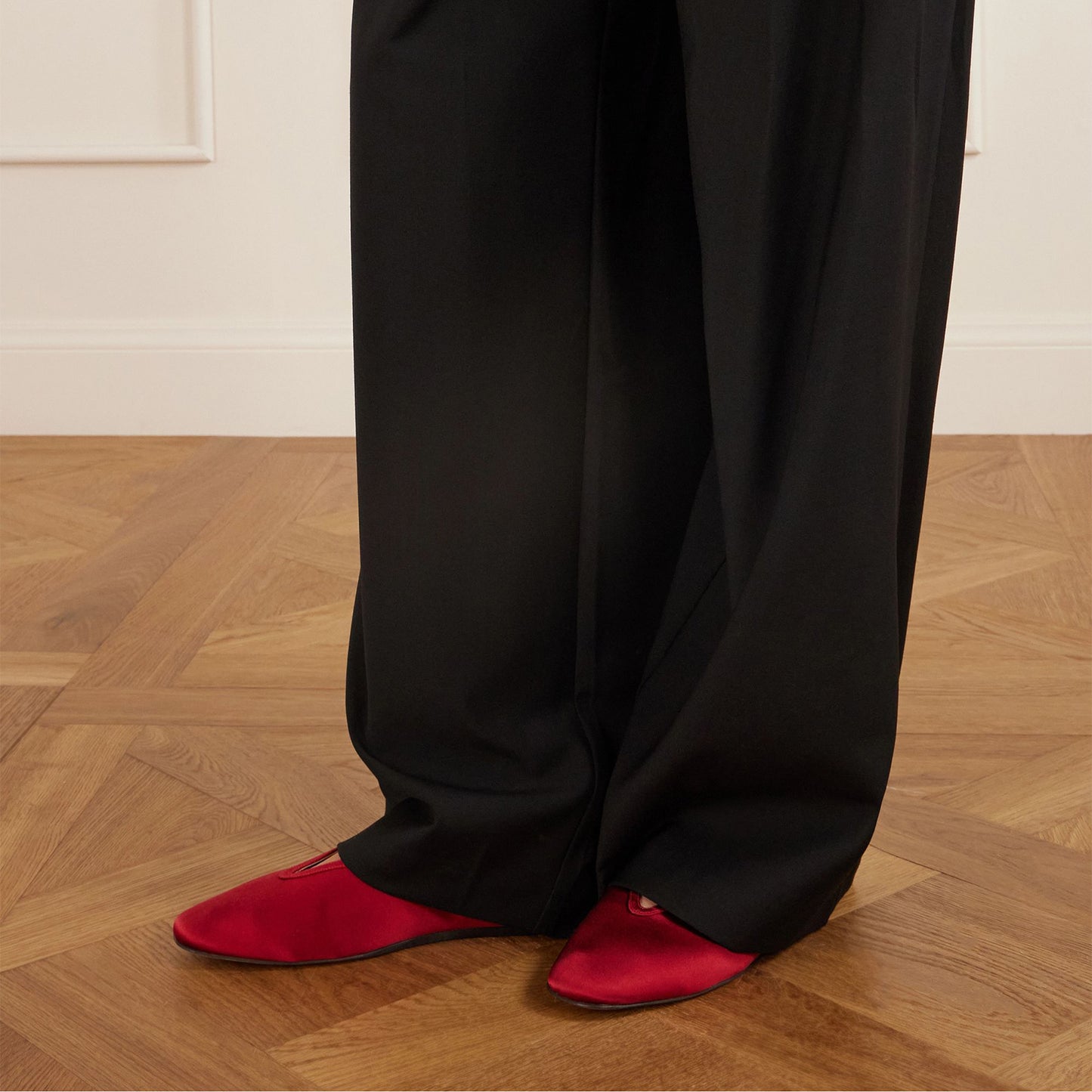 Red Satin Square-Toe Slip-On Chic Ballet Flats