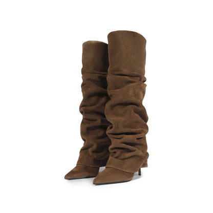 Brown Faux Suede Pointed-Toe Tall Fold-Over Wide Calf Knee High Stiletto Boots